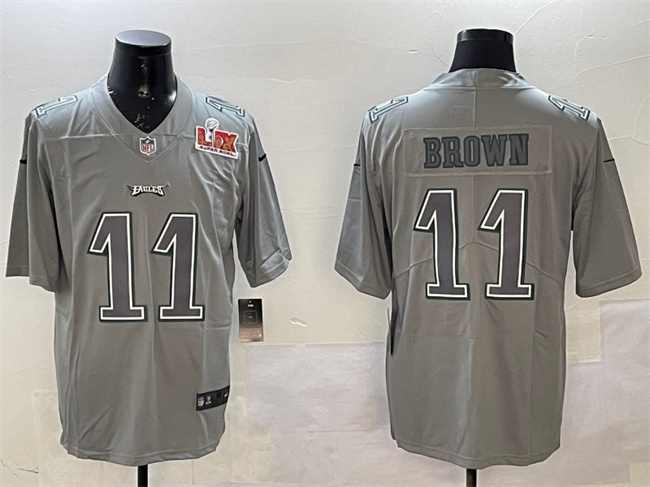 Men's Philadelphia Eagles #11 A. J. Brown Grey 2025 Super Bowl LIX Patch Atmosphere Fashion Vapor Untouchable Limited Stitched Football Jersey